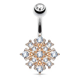 Gem Stacked Snowflake Belly Bar with Rose Gold Plating - Fixed (non-dangle) Belly Bar. Navel Rings Australia.