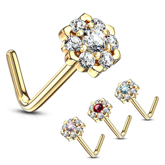 Amore Daisy L-Shape Nose Ring in 14K Yellow Gold - Nostril. Navel Rings Australia.