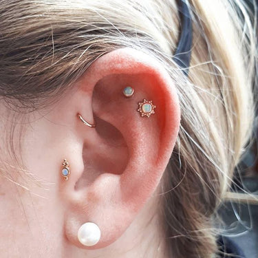 Opal Four Ball Trinity Earring by Maria Tash in 14K White Gold. Flat Stud. - Earring. Navel Rings Australia.