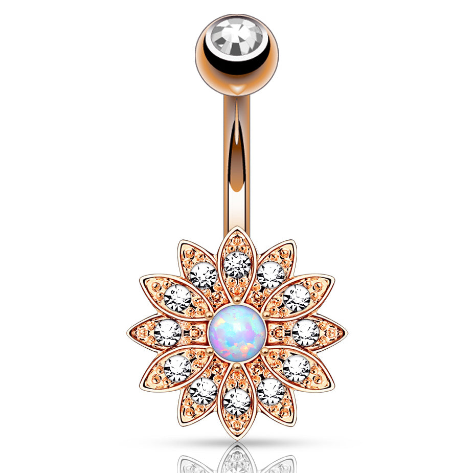 Petaled Opal Navel Ring with Rose Gold Plating - Fixed (non-dangle) Belly Bar. Navel Rings Australia.