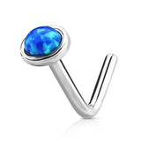 Opal Dome L-Shaped Nose Ring in 14K White Gold - Nostril. Navel Rings Australia.