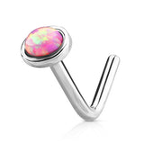 Opal Dome L-Shaped Nose Ring in 14K White Gold - Nostril. Navel Rings Australia.