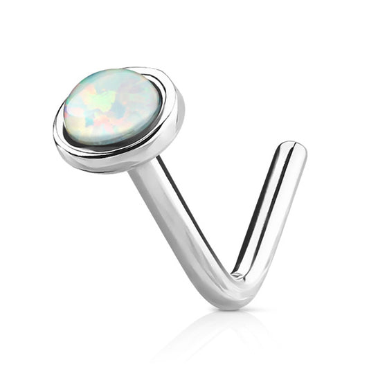 Opal Dome L-Shaped Nose Ring in 14K White Gold - Nostril. Navel Rings Australia.