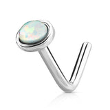 Opal Dome L-Shaped Nose Ring in 14K White Gold - Nostril. Navel Rings Australia.