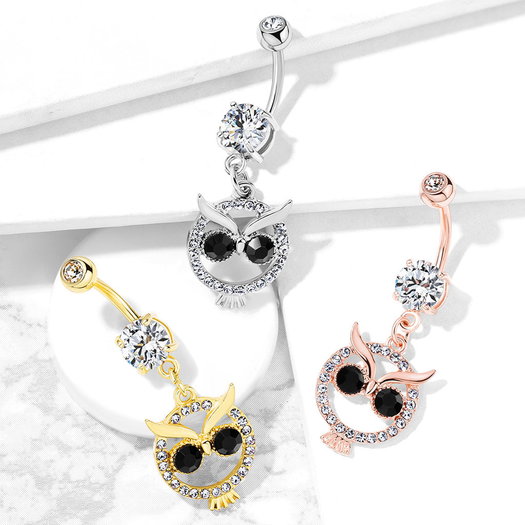 Mångata Hooting Owl Belly Bar with Gold Plating - Dangling Belly Ring. Navel Rings Australia.