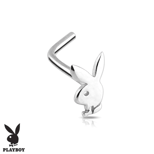 Playboy Bunny L-Shape Nose Ring in 14K White Gold