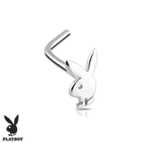 Playboy Bunny L-Shape Nose Ring in 14K White Gold