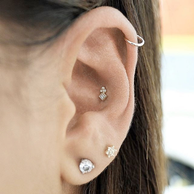 Princess Cut Four Diamond Trinity Earring by Maria Tash in 18K Yellow Gold. Flat Stud. - Earring. Navel Rings Australia.