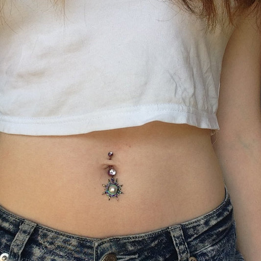 Rainbow Sunburst Pearl Belly Button Bar - Dangling Belly Ring. Navel Rings Australia.