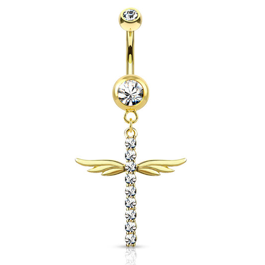 Winging It Cross Belly Dangle with Gold Plating - Dangling Belly Ring. Navel Rings Australia.