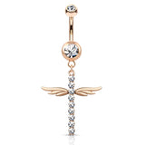 Winging It Cross Belly Dangle with Rose Gold Plating - Dangling Belly Ring. Navel Rings Australia.