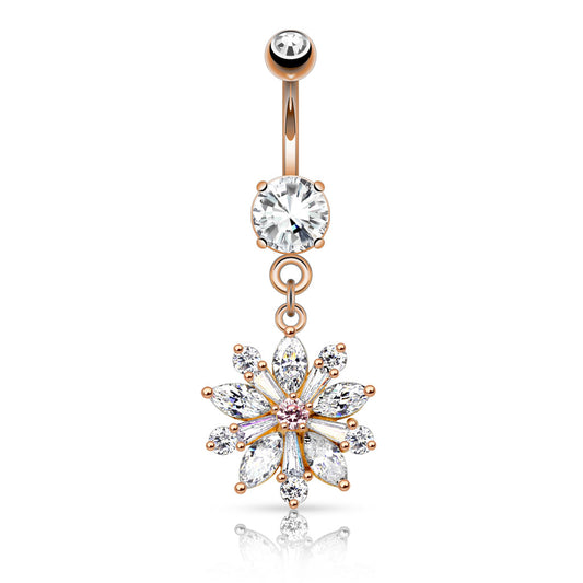 Isabella Bloom Belly Bar with Rose Gold Plating - Dangling Belly Ring. Navel Rings Australia.
