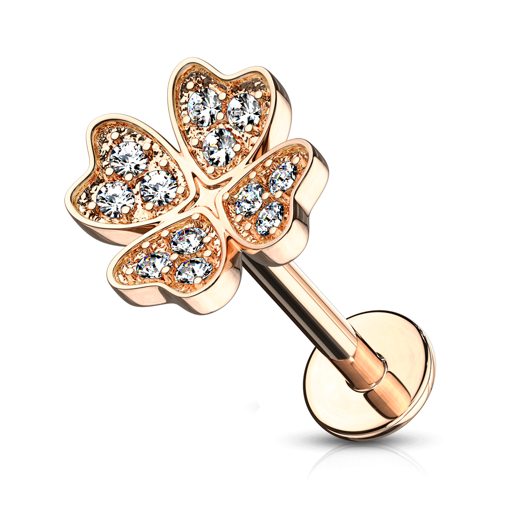 Lucky Clover Body Jewellery with Rose Gold Plating. Labret, Monroe, Tragus and Cartilage Earrings.