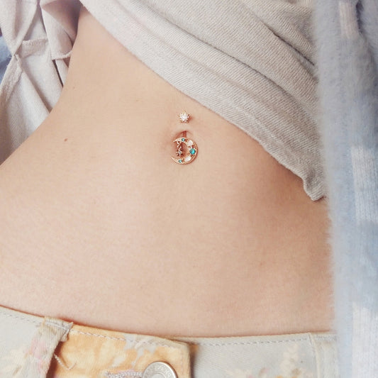 Celestial Moon Belly Bar - Dangling Belly Ring. Navel Rings Australia.