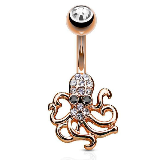 Nusa Dua Octopus Navel Ring with Rose Gold Plating - Fixed (non-dangle) Belly Bar. Navel Rings Australia.