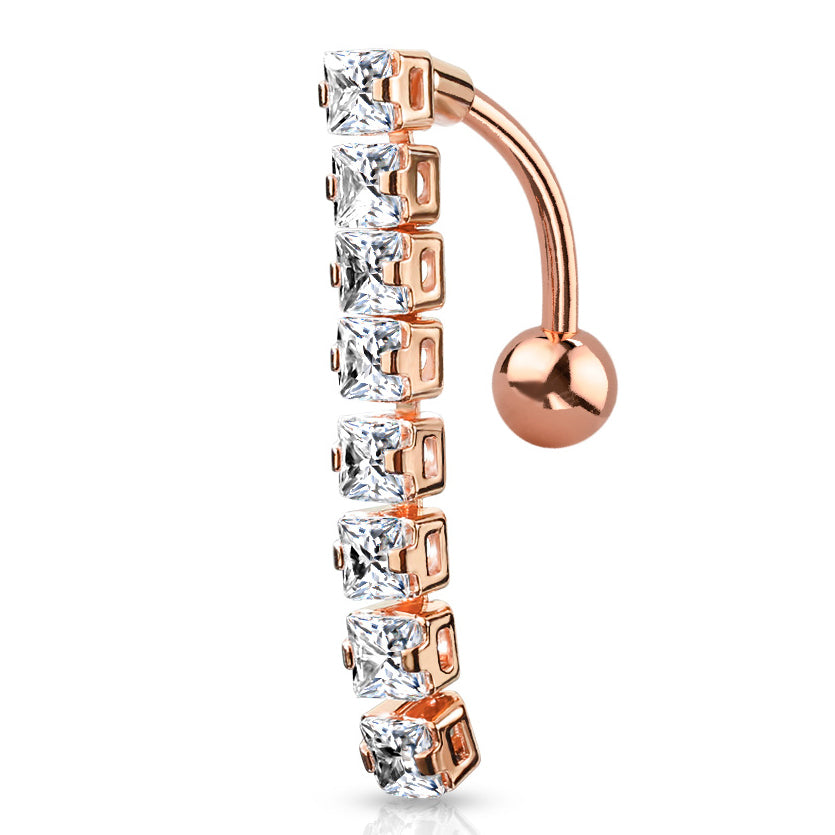 Crystal Waterfall Reverse Belly Ring with Rose Gold Plating - Reverse Top Down Belly Ring. Navel Rings Australia.