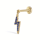Diamond and Sapphire Lightning Bolt Threaded Charm Earring by Maria Tash in 14K Yellow Gold. Flat Stud.