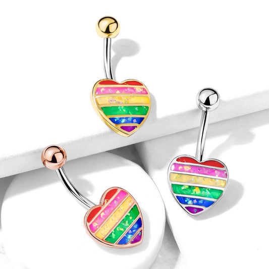 Opal Gay Pride Rainbow Belly Rings with Gold Plating - Fixed (non-dangle) Belly Bar. Navel Rings Australia.