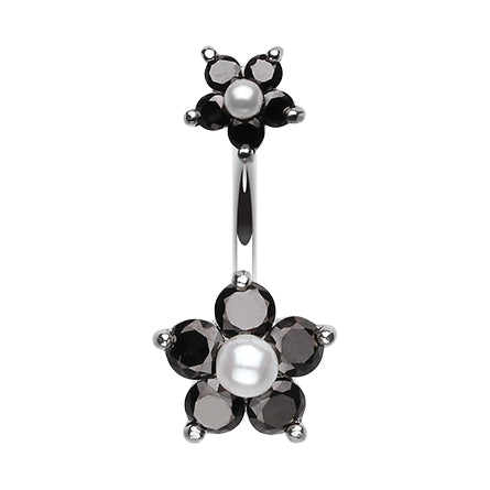 Split Crystallised Pearl Flower Belly Ring - Split Spinal Belly Bar. Navel Rings Australia.
