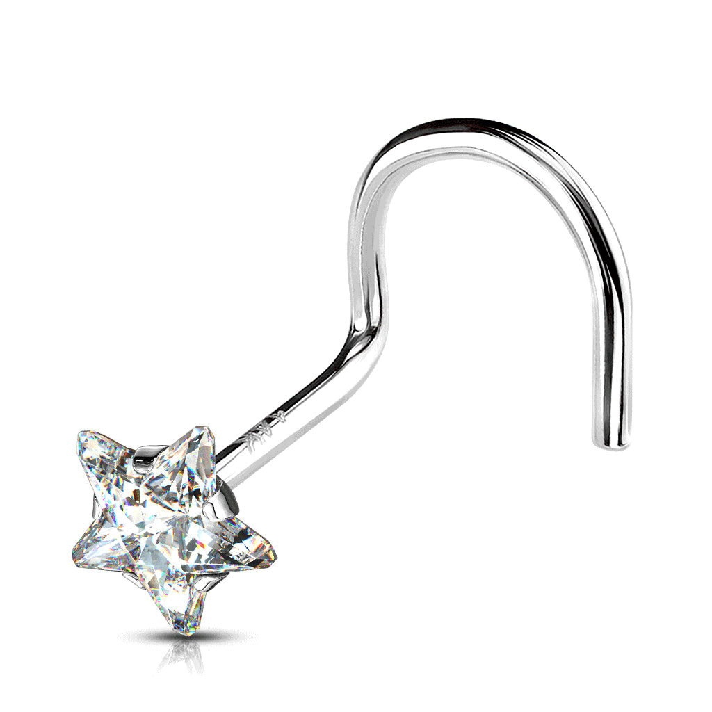 Star Gem Corkscrew Nose Ring in 14K White Gold