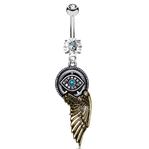 Steampunks Golden Angel Wing n' All Seeing Eye Belly Dangle - Dangling Belly Ring. Navel Rings Australia.