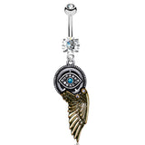 Steampunks Golden Angel Wing n' All Seeing Eye Belly Dangle - Dangling Belly Ring. Navel Rings Australia.