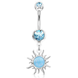 Flaming Opal Sunburst Belly Dangle - Dangling Belly Ring. Navel Rings Australia.