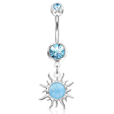 Flaming Opal Sunburst Belly Dangle - Dangling Belly Ring. Navel Rings Australia.