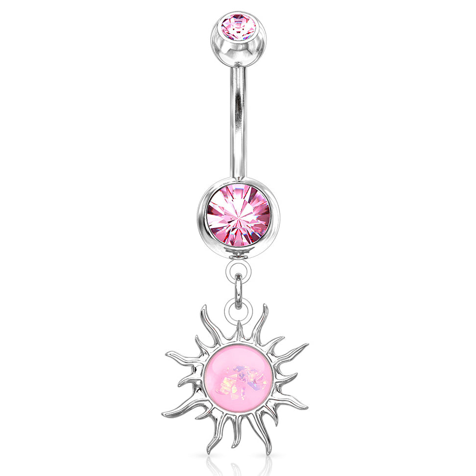 Flaming Opal Sunburst Belly Dangle - Dangling Belly Ring. Navel Rings Australia.