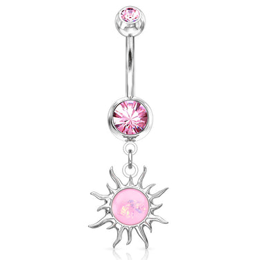 Flaming Opal Sunburst Belly Dangle - Dangling Belly Ring. Navel Rings Australia.
