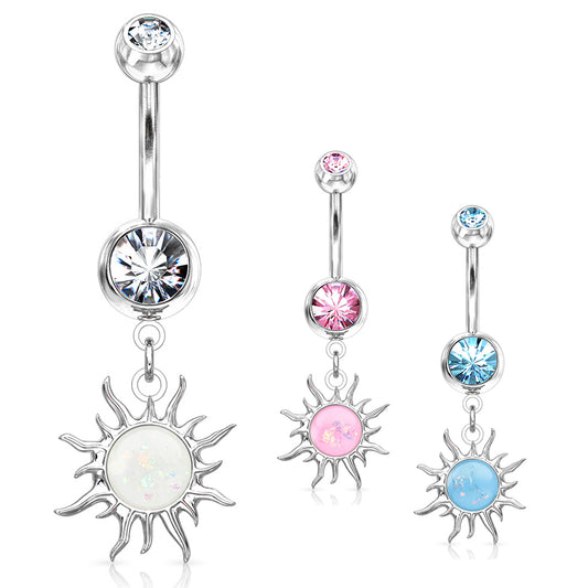Flaming Opal Sunburst Belly Dangle - Dangling Belly Ring. Navel Rings Australia.