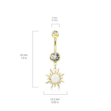 Flaming Opal Sunburst Belly Dangle - Dangling Belly Ring. Navel Rings Australia.
