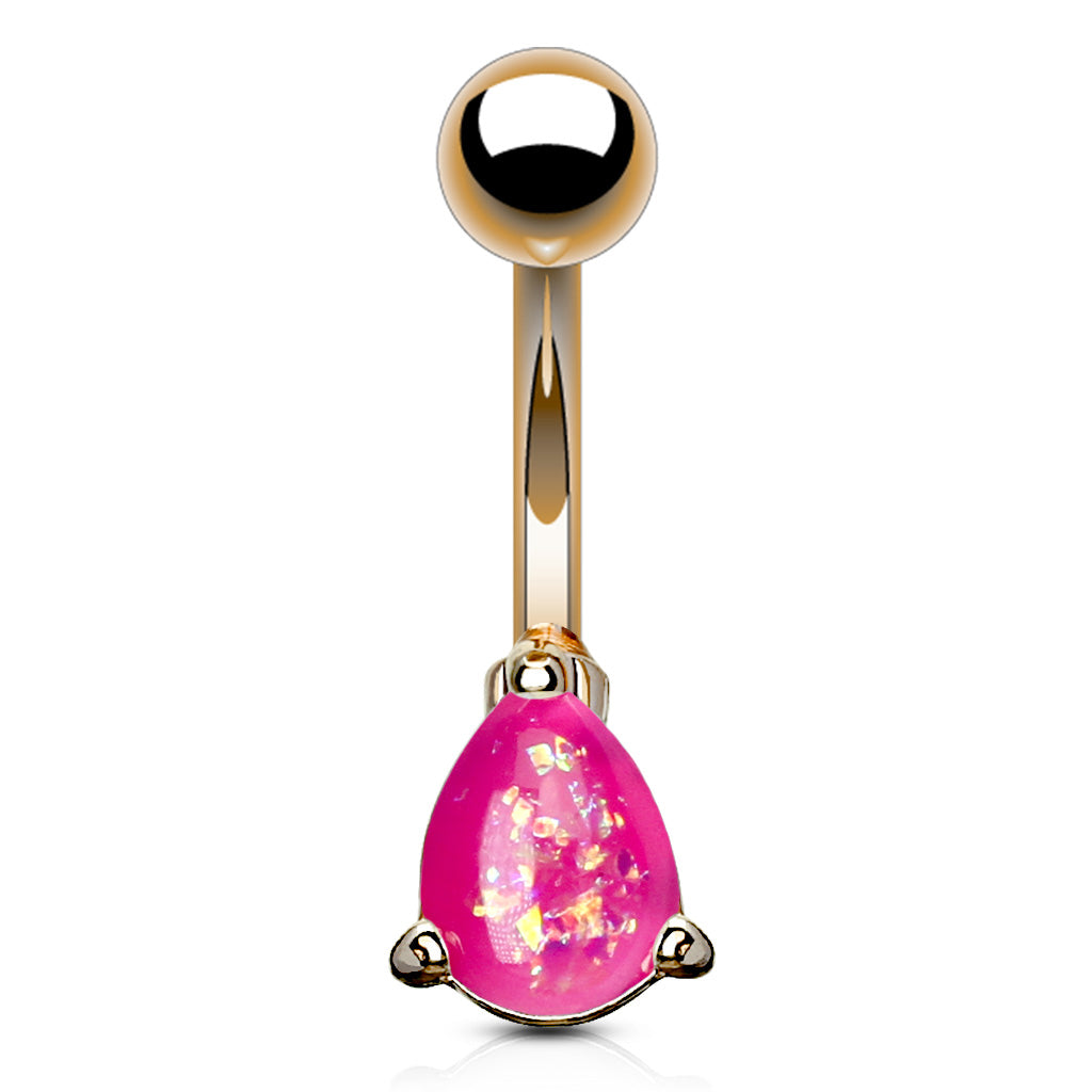Solitaire Teardrop Opal Belly Rings with Rose Gold Plating - Basic Curved Barbell. Navel Rings Australia.