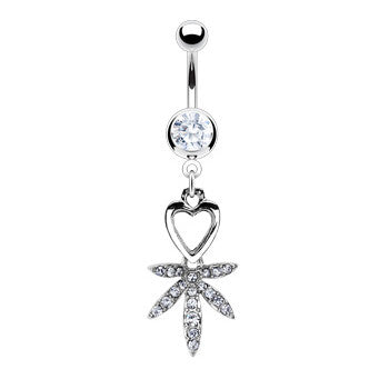 I Heart Pot Leaf Navel Bar - Dangling Belly Ring. Navel Rings Australia.