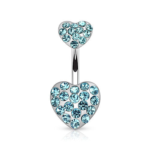 Duo CZ Paved Heart Belly Ring - Fixed (non-dangle) Belly Bar. Navel Rings Australia.