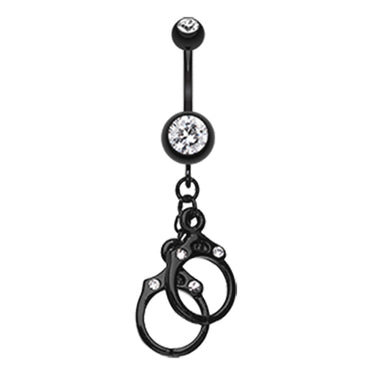 Jet Black Hand Cuffs Belly Bar - Dangling Belly Ring. Navel Rings Australia.