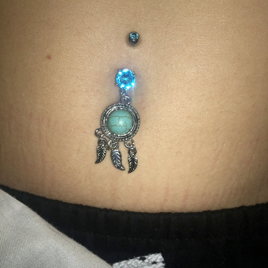 Turquoise Dream Catcher Belly Button Ring - Dangling Belly Ring. Navel Rings Australia.