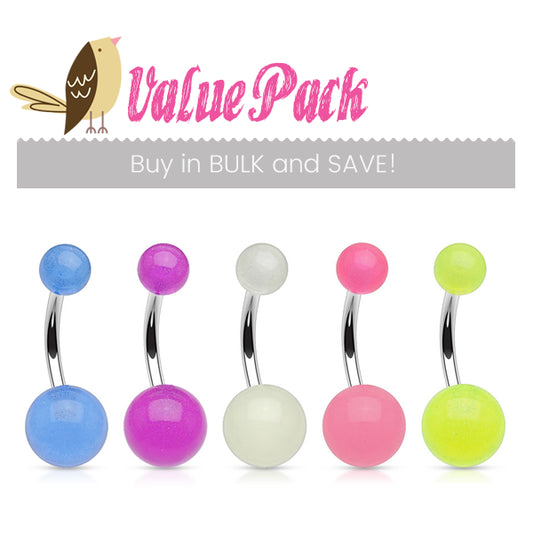 VALUE PACK 5 X Glow in the Dark Belly Bars - Basic Curved Barbell. Navel Rings Australia.