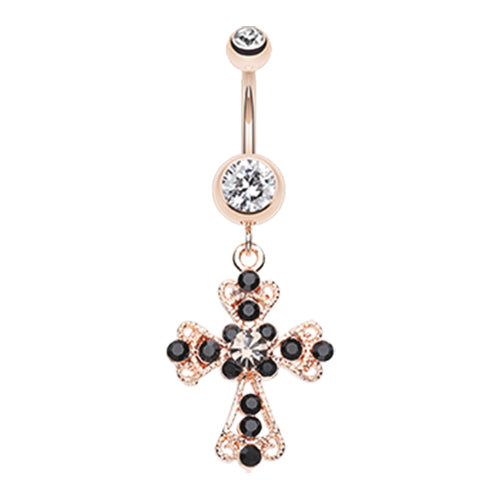 Vintage Cross Patonce Navel Bar in Rose Gold - Dangling Belly Ring. Navel Rings Australia.