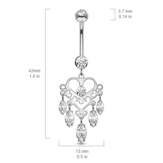 Marquise Heart Chandelier in 14K White Gold - Dangling Belly Ring. Navel Rings Australia.