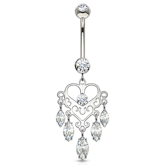 Marquise Heart Chandelier in 14K White Gold - Dangling Belly Ring. Navel Rings Australia.