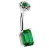 14K White Gold Emerald and Flower Cut Belly Bar