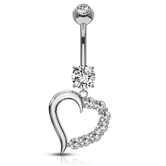 CZ Heart Navel Bar in 14K White Gold - Dangling Belly Ring. Navel Rings Australia.