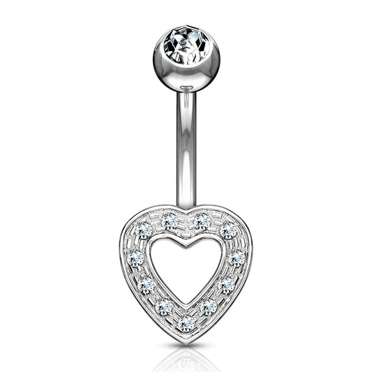 Paved Heart Navel Piercing Bar in 14K White Gold - Fixed (non-dangle) Belly Bar. Navel Rings Australia.