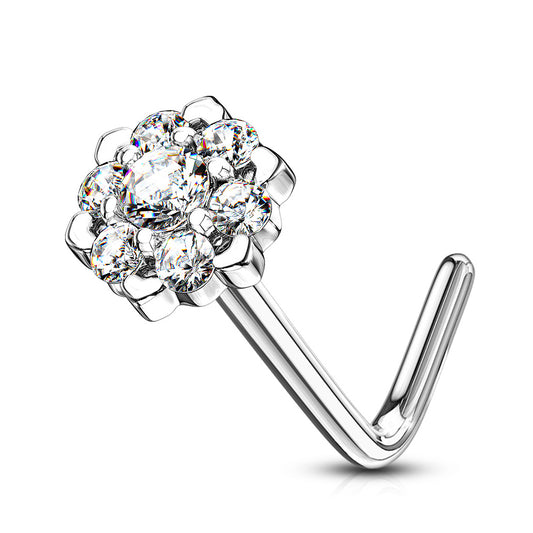 Amore Daisy L-Shape Nose Ring in 14K White Gold - Nostril. Navel Rings Australia.