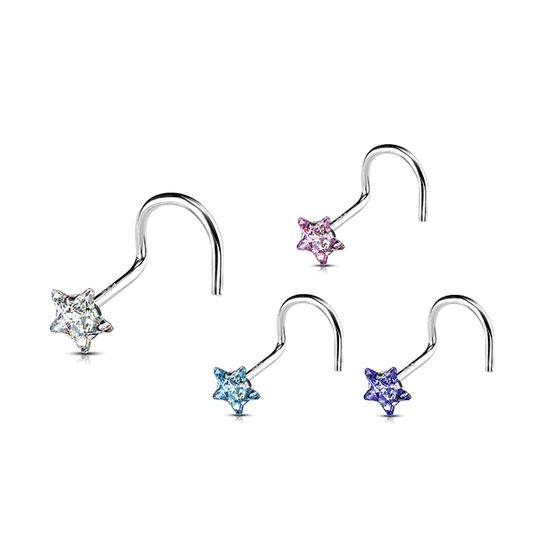 Star Gem Corkscrew Nose Ring in 14K White Gold