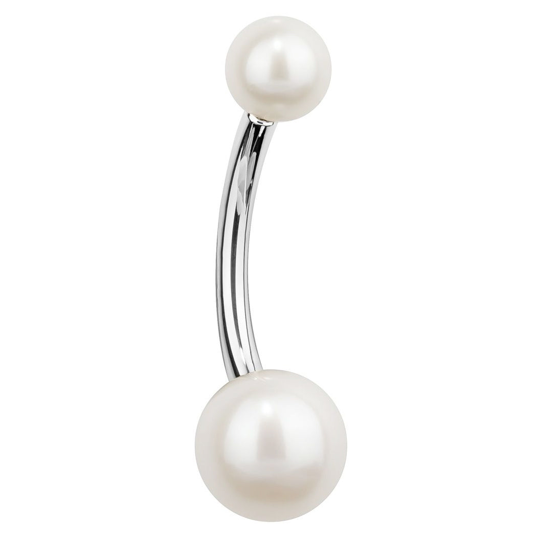 14K White Gold Cultured Pearl Belly Button Bars - Basic Curved Barbell. Navel Rings Australia.