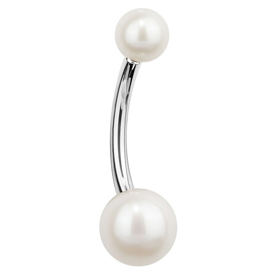 14K White Gold Cultured Pearl Belly Button Bars - Basic Curved Barbell. Navel Rings Australia.