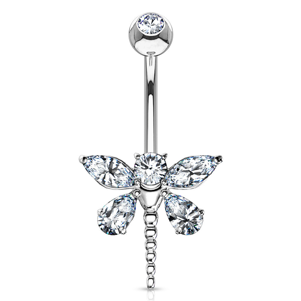 Marquise Dragonfly Belly Bar in 14K White Gold - Fixed (non-dangle) Belly Bar. Navel Rings Australia.