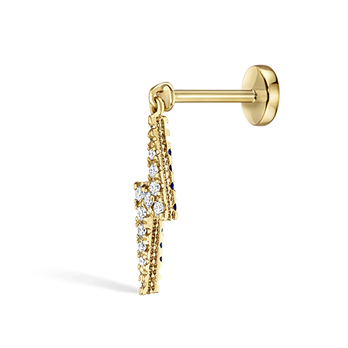 Diamond and Sapphire Lightning Bolt Threaded Charm Earring by Maria Tash in 14K Yellow Gold. Flat Stud.